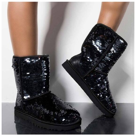 Ugg short classic emu boot- sheepskin black sequin bling sz 9 women 1130650 - Picture 2 of 14